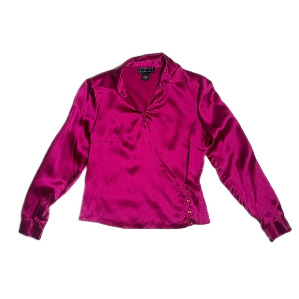 90s Purple Magenta 100% Silk Fitted Long Sleeve Blouse Small